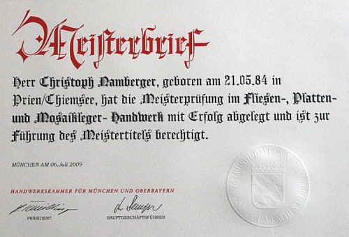 Meisterbrief Christoph Namberger